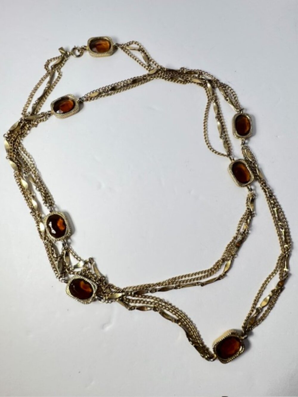 Vintage SARAH COVENTRY 53” Gold-Tone Triple Chain Necklace Amber Glass Stones - Picture 8 of 10